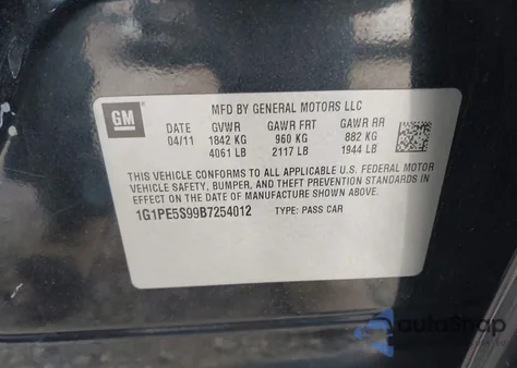 2011 Chevrolet Cruze Lt z USA, uszkodzony, nr VIN 1G1PE5S99B7254012